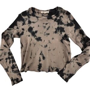 AMO Ribbed Tie-Dye Long Sleeve Crop Top, Crew Neck, Brown/Black, Size M